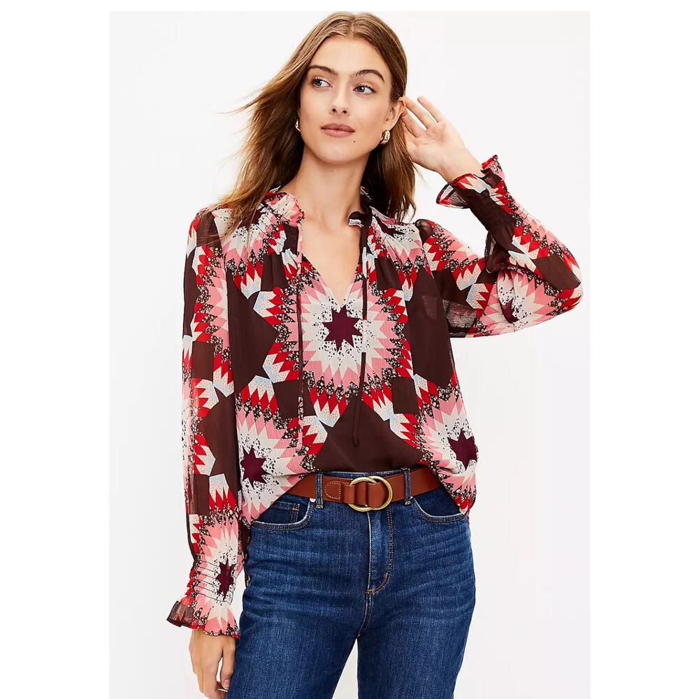 LOFT patchwork Ruffle Tie Neck long sleeve flowy Blouse  XSP petite